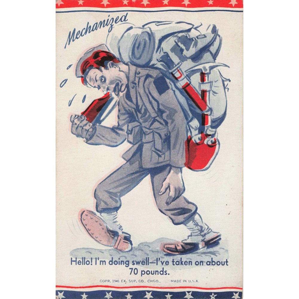 Vintage 1941 WWII Mechanized Soldier Comic Linen Postcard Humorous Military VG+ - Picture 1 of 2